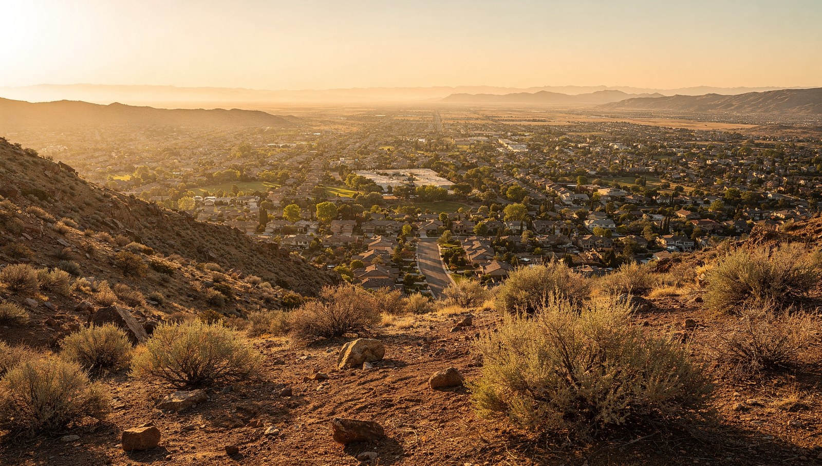 High desert foothills above a valley neighborhood at golden hour