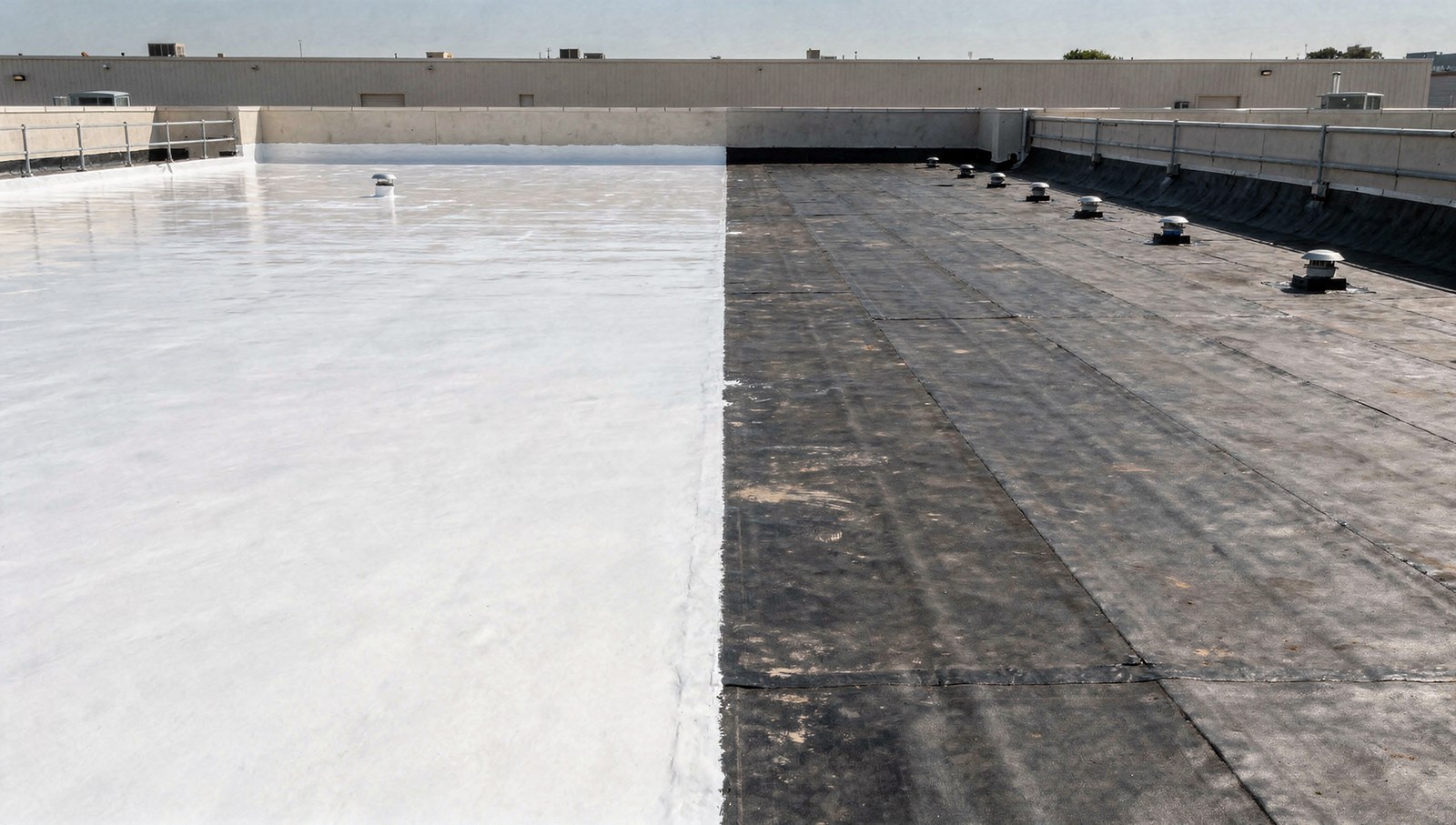 Silicone roof coating half applied across a low slope membrane roof
