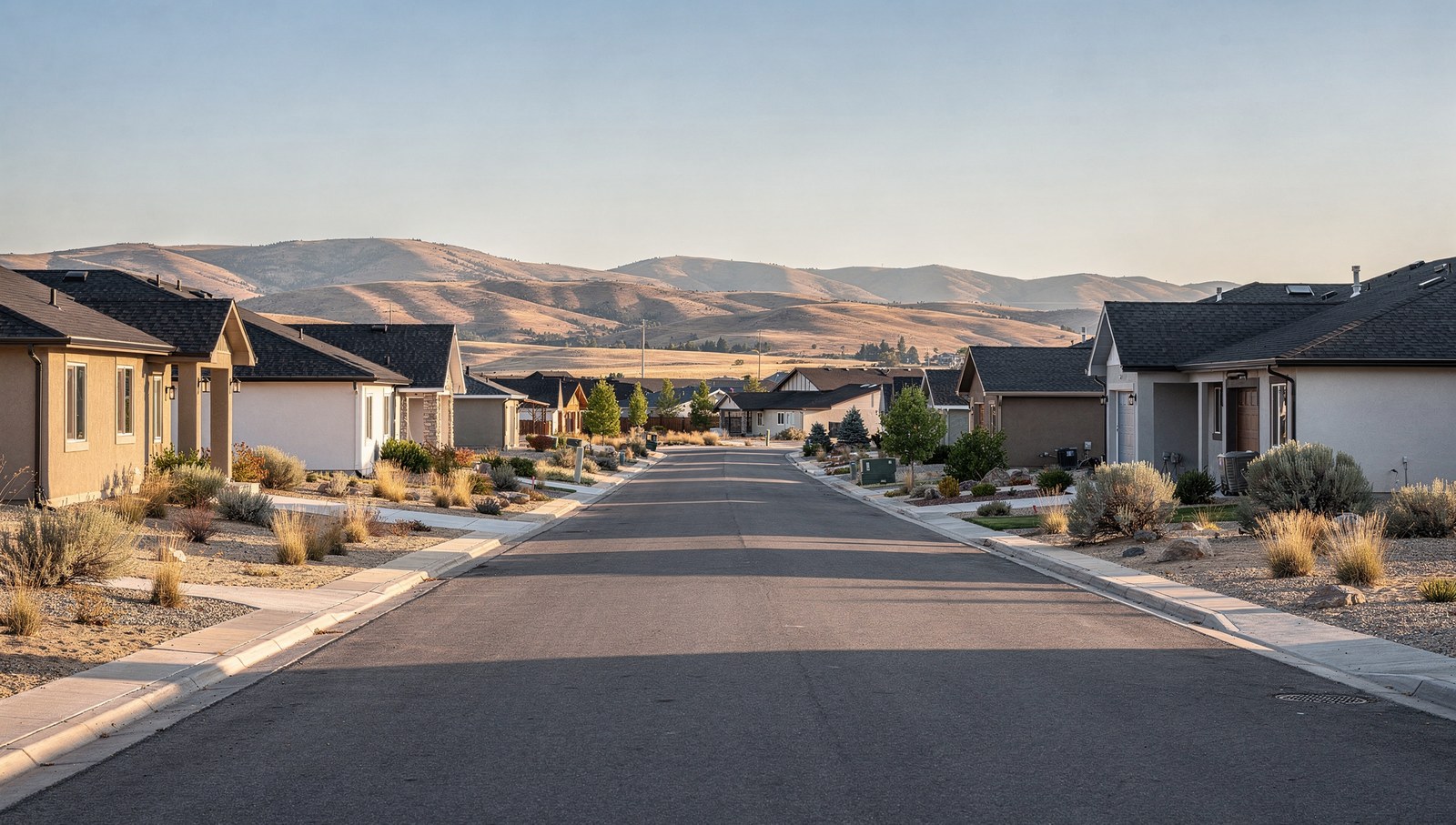 Quiet residential street of single story homes with dark shingle roofs below dry foothills